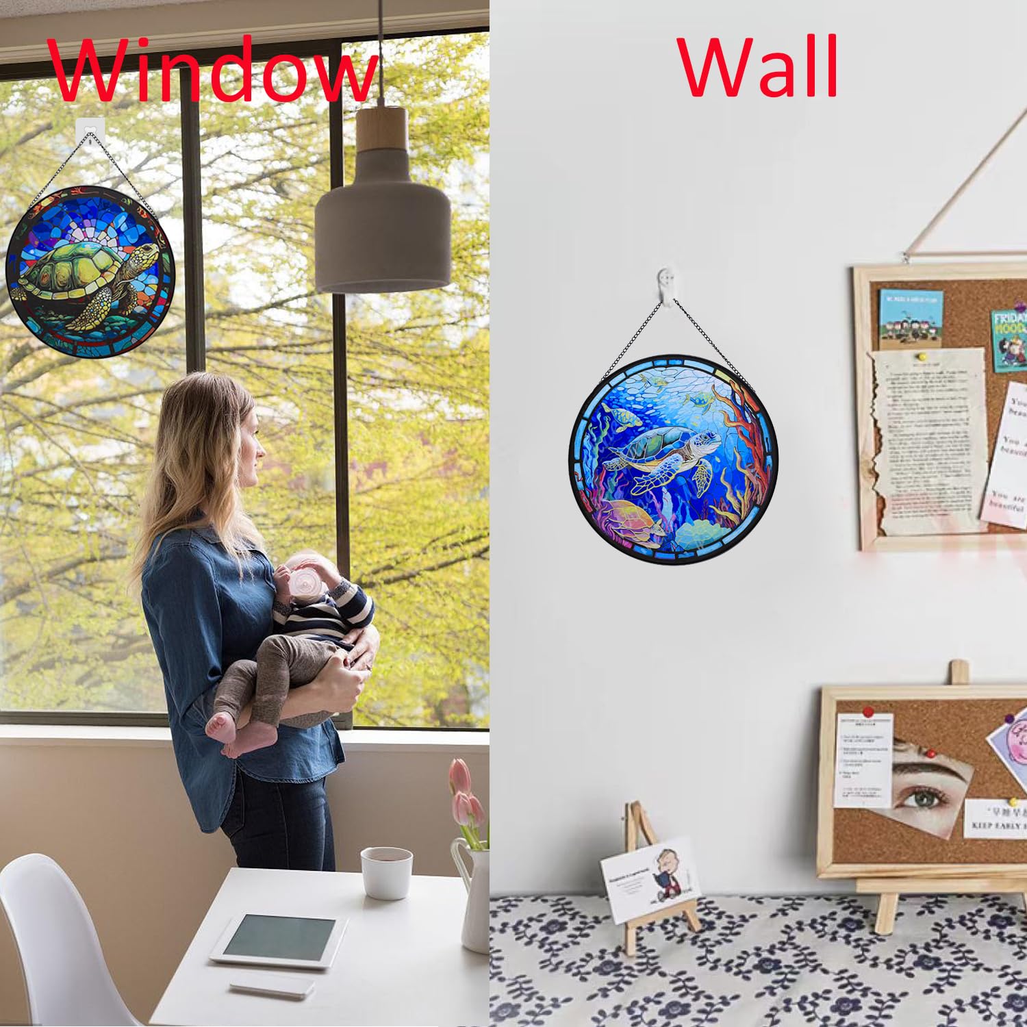 Payutou Hanging Stained Glass for Windows,20cm/7.87 inch Turtle Hand-Painted Glass Panel Window Hanging Suncatchers Christmas Ornaments Home Courtyard Decor,Housewarming Gift (Style A) - Image 2