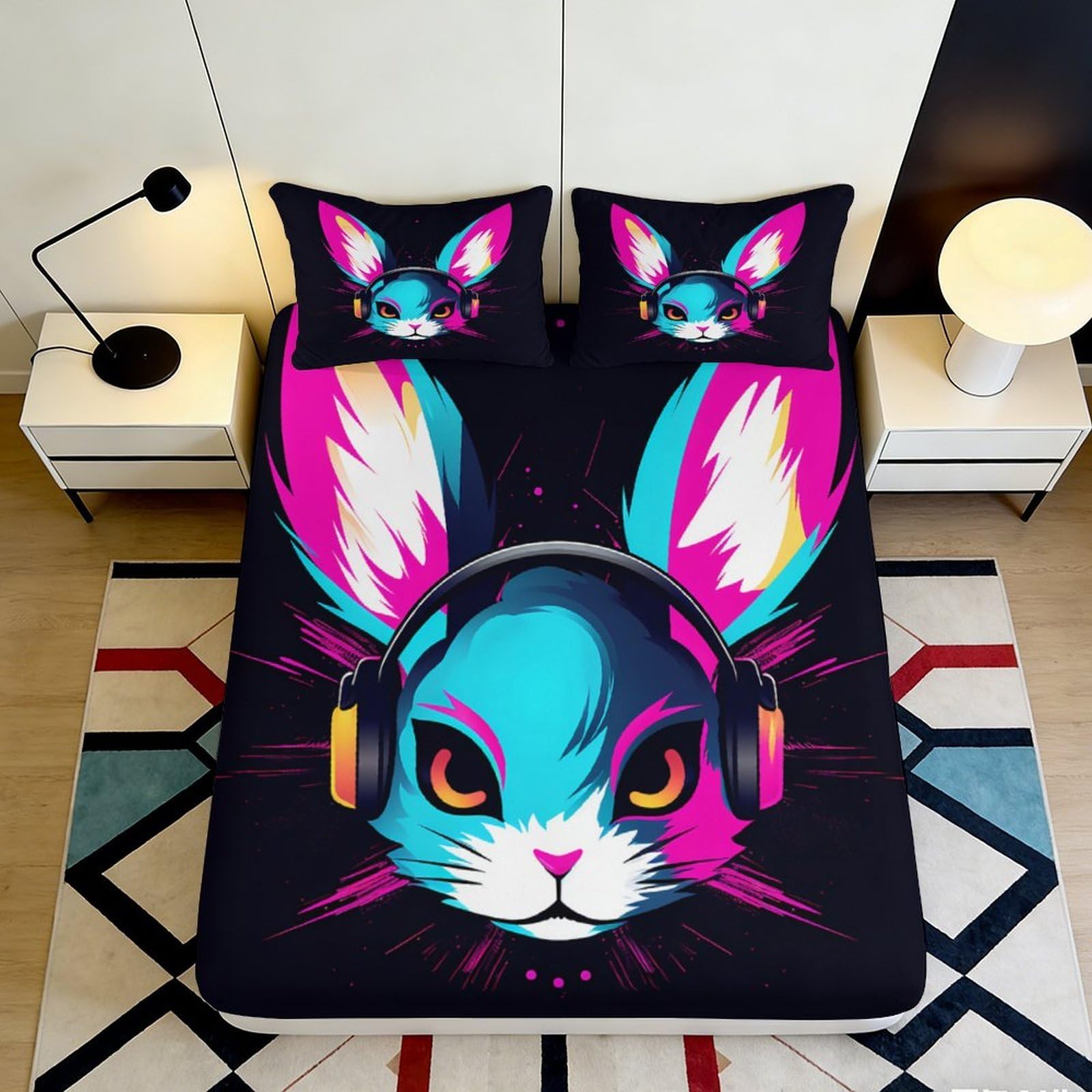 Dhbaneiok Style-3 3D Printed Neon Bunny Fitted Sheet Microfiber Soft Colorful Headphone Rabbit Mattress Cover For Bedroom Dorm Decor 90X200x25cm