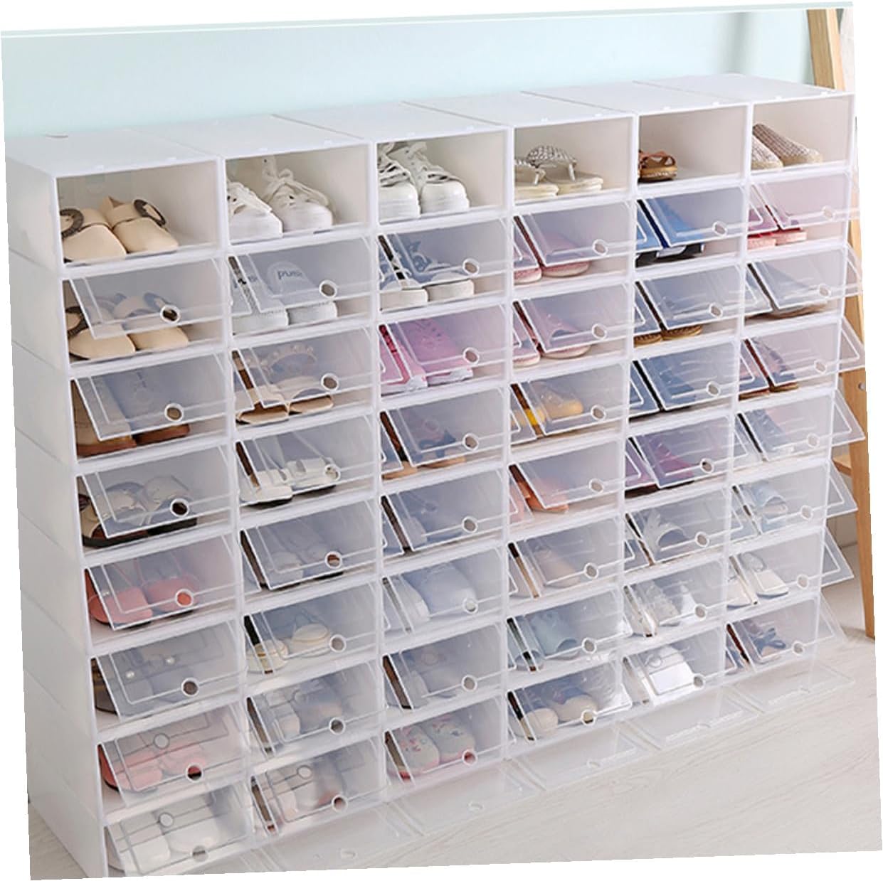 FUOYLOO 12pcs Large Stackable Shoe Storage Boxes with Lids Thickened White Plastic Shoe Organizers for Closet and Entryway Sturdy Containers for Sneakers and Boots