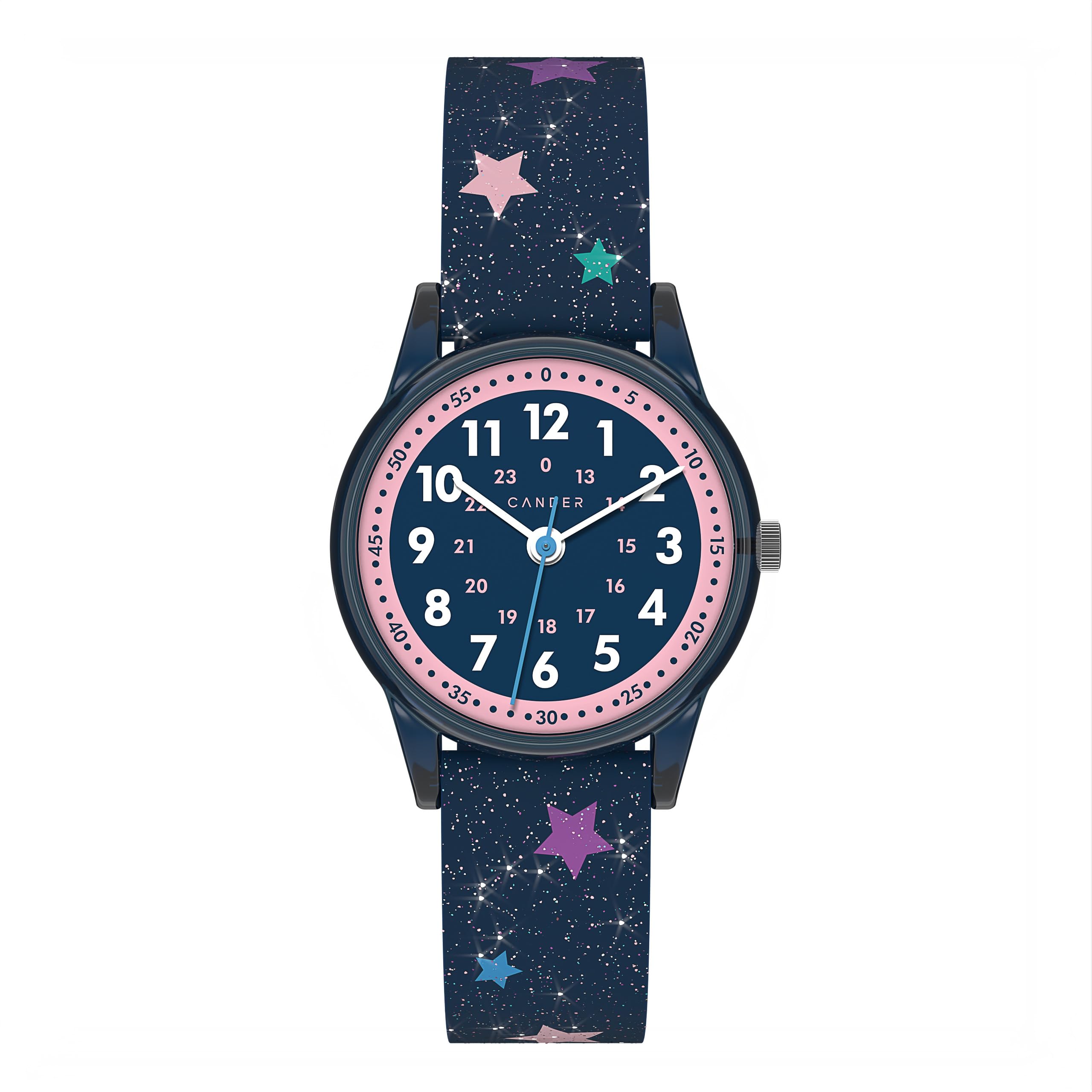 Cander Berlin MNA 4030 Q - Reloj de pulsera infantil para niña, resistente al agua, 3 ATM, reloj de aprendizaje analógico, brillante, con estrellas, repuesto para niños