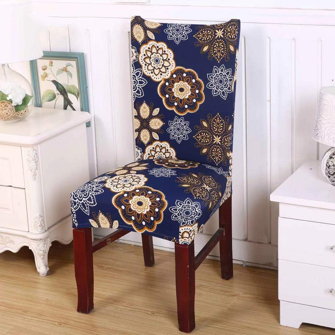 House of Quirk Polyester Spandex Printed Chair Cover Stretch Removable Washable Short Dining Chair Cover Protector Seat Slipcover (Blue Geometry Flower, Pack of 1)