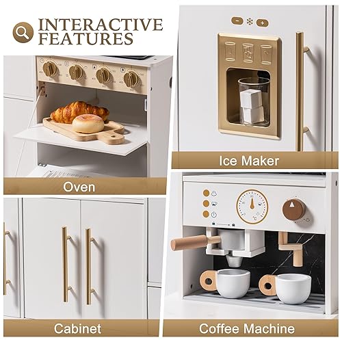Miniatura 6 de ROBOTIME Juego de cocina de madera para niños, juego de cocina para niños pequeños con máquina de hielo y cafetera, juguete de cocina realista para