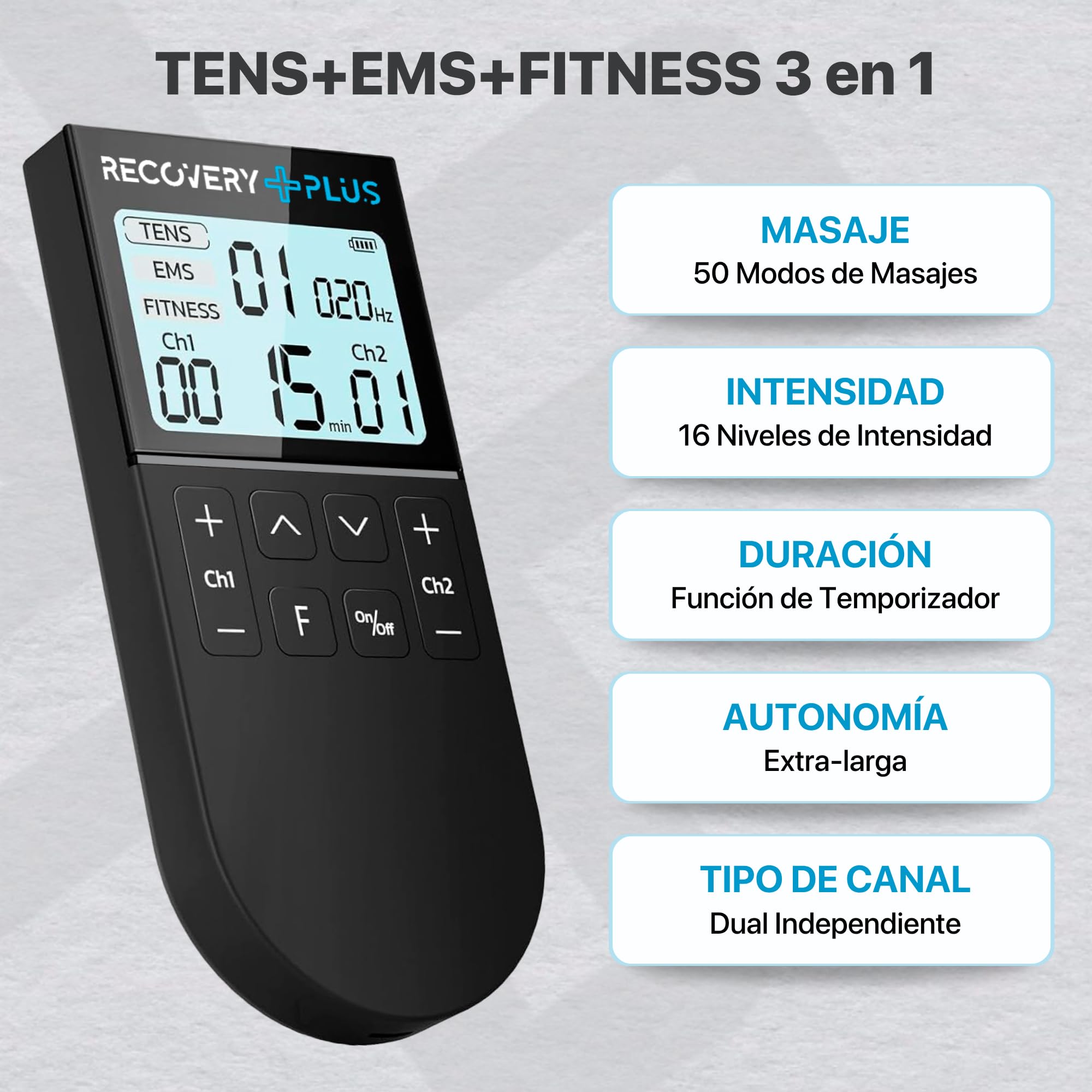 RECOVERY PLUS - Electroestimulador Muscular Digital de 50 Modos, EMS/TENS/FITNESS, Estimulador Portátil 3 en 1 con 4 Almohadillas TENS.