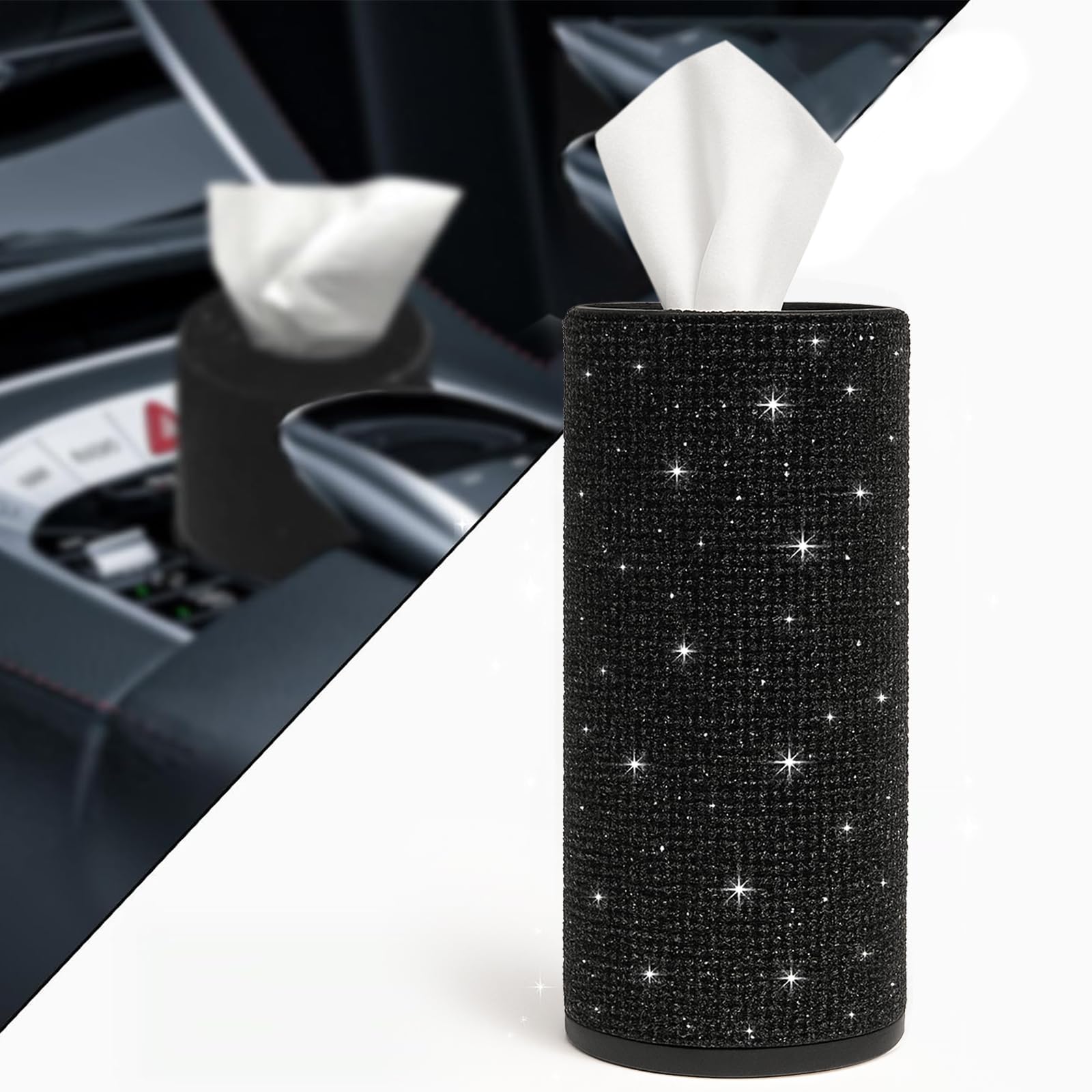 Photo 1 of Bling Car Tissue Holder for Cup Holder – Sparkly Rhinestone Round Tissue Dispenser with 1 Pack Tissues – Fits Standard Auto Cup Holders – Stylish Car Interior Accessory for Women(Black)