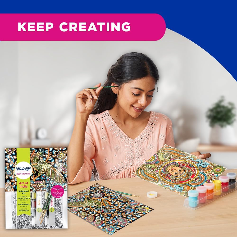 Fevicryl DIY Art of India Kalamkari Art kit | DIY Acrylic Painting Set with Acrylic Paints 12 Shades | Set of 2 Round Brushes | Pre-Designed Canvas 8 x10 | Ideal for Festive Gifting