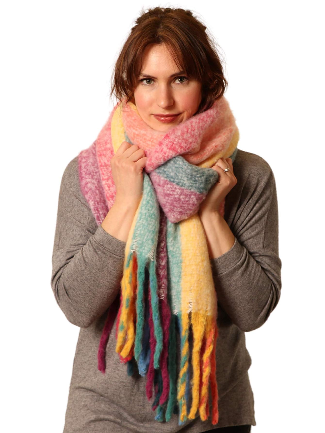 Style Slice Womens Blanket Scarves Winter Warm Tartan Plaid Rainbow (Rainbow Multicoloured)
