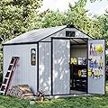 DNYKER 8 x 10 FT Resin Outdoor Storage Shed with Floor, Outdoor Storage Tool Shed with Windows and Lockable Door, Resin Garden Shed for Lawnmower, Bike, Pool Supply