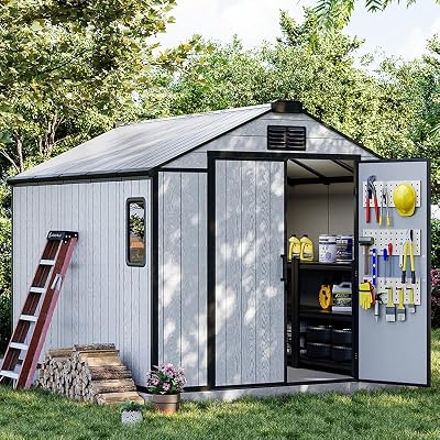 DNYKER 8 x 10 FT Resin Outdoor Storage Shed with Floor, Outdoor Storage Tool Shed with Windows and Lockable Door, Resin Garden Shed for Lawnmower, Bike, Pool Supply