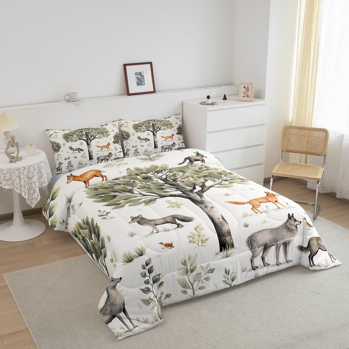 Feelyou Fox Bedding Set Twin Size Animal Comforter for Kids Teens Woodland Fox Comforter Set Nature Wildlife Quilt Set 2Pcs