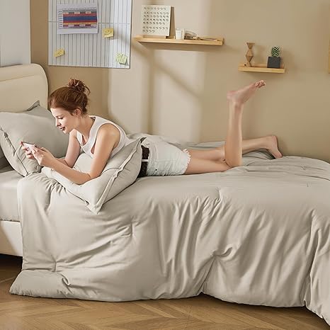 Litanika Twin/Twin XL Size Comforter Set Oatmeal - 5 Pieces Bed in a Bag Twin/Twin XL Bedding Comforter Sets, Solid Lightweight Bed Set with Comforter, Sheets, Pillowcase & Sham