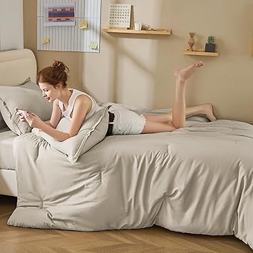 Litanika Twin/Twin XL Size Comforter Set Oatmeal - 5 Pieces Bed in a Bag Twin/Twin XL Bedding Comforter Sets, Solid Lightweight Bed Set with Comforter, Sheets, Pillowcase & Sham