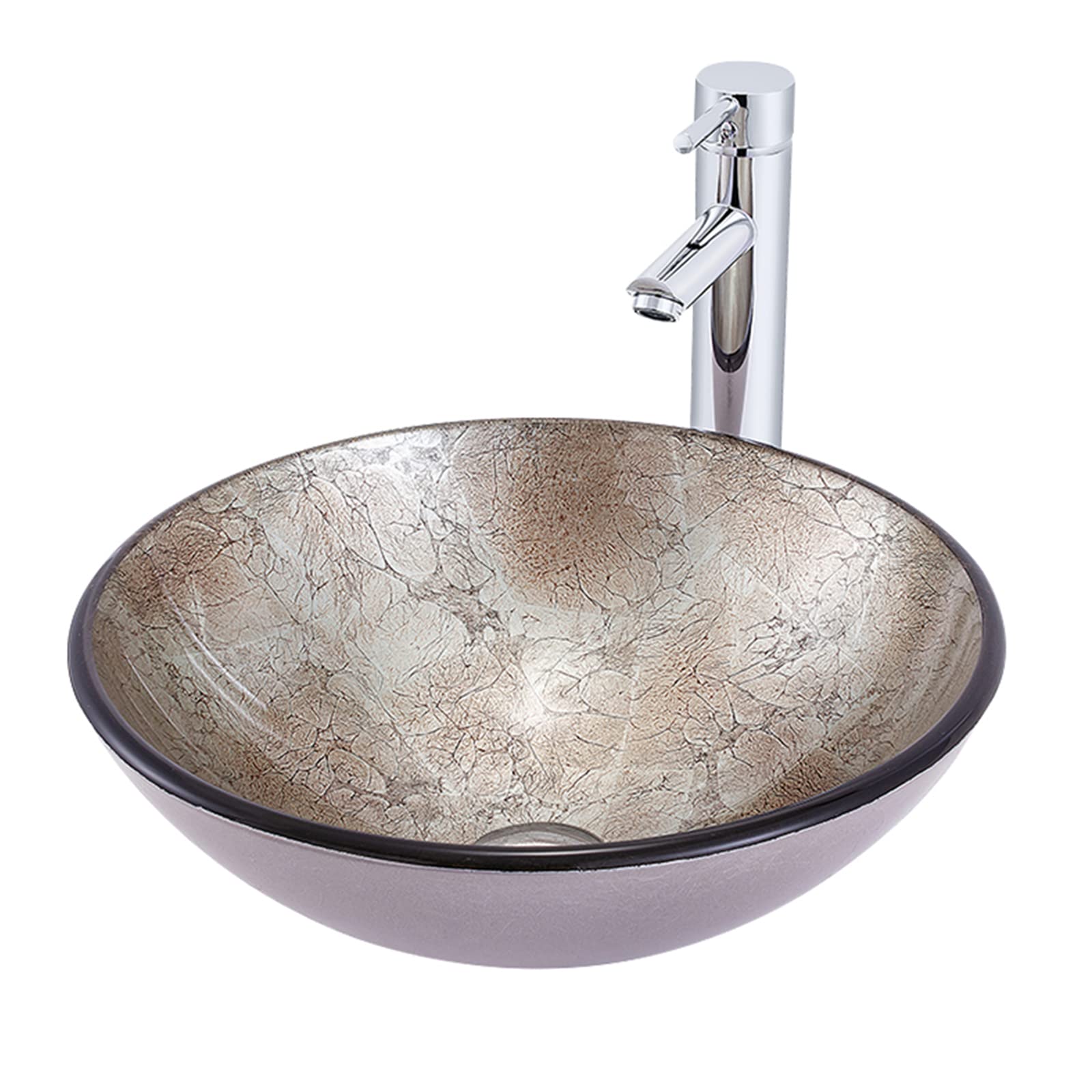 Gljtuo Bathroom Vessel Sink,16.5" Round Wood Color Vessel Sink Artistic Tempered Glass Bathroom Bowl With Chrome Faucet And Pop-Up Drain