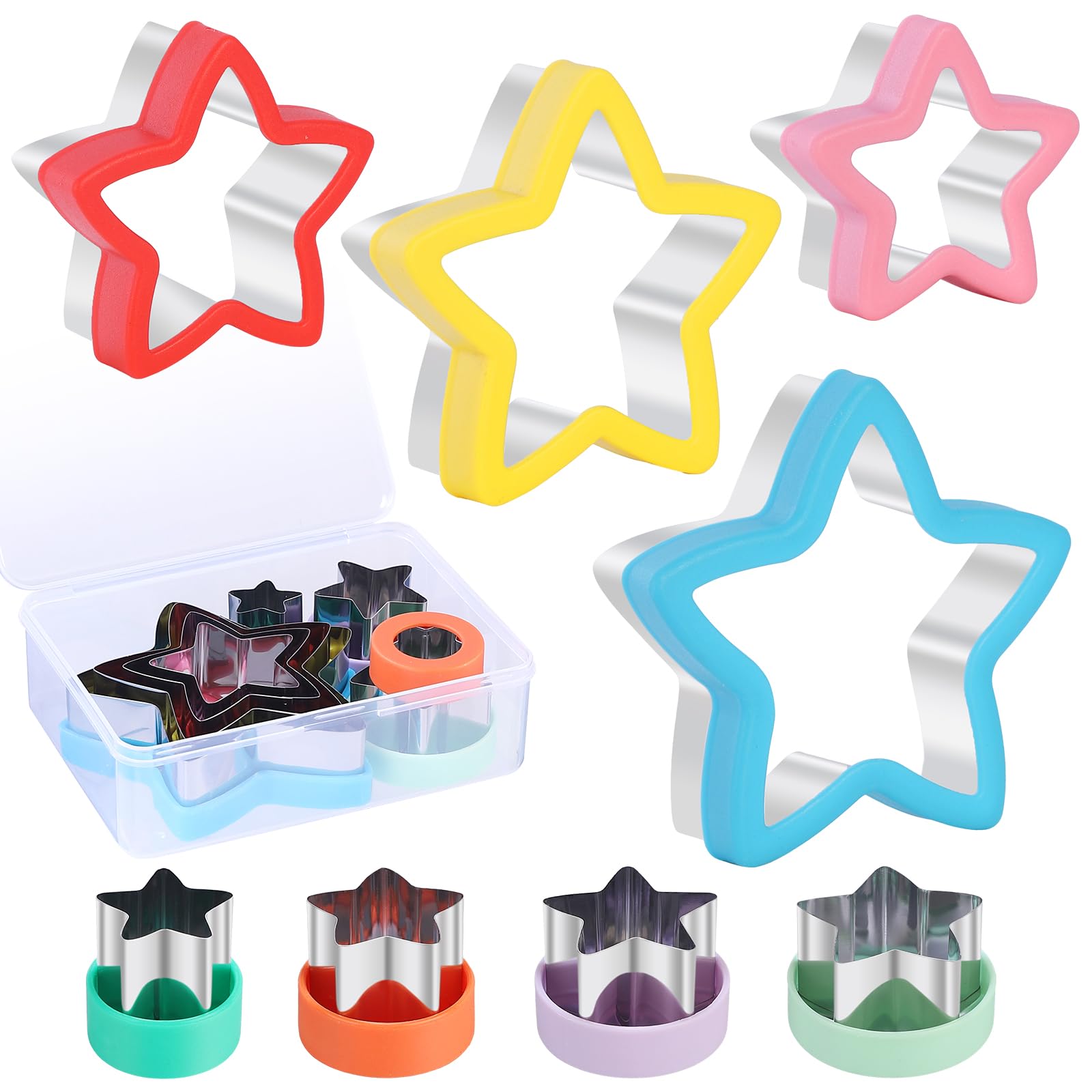 Juego de 8 cortadores de galletas de estrella con asas ergonómicas de plástico y caja de almacenamiento, herramienta de acero inoxidable resistente para galletas, galletas y recuerdos de fiesta, apto