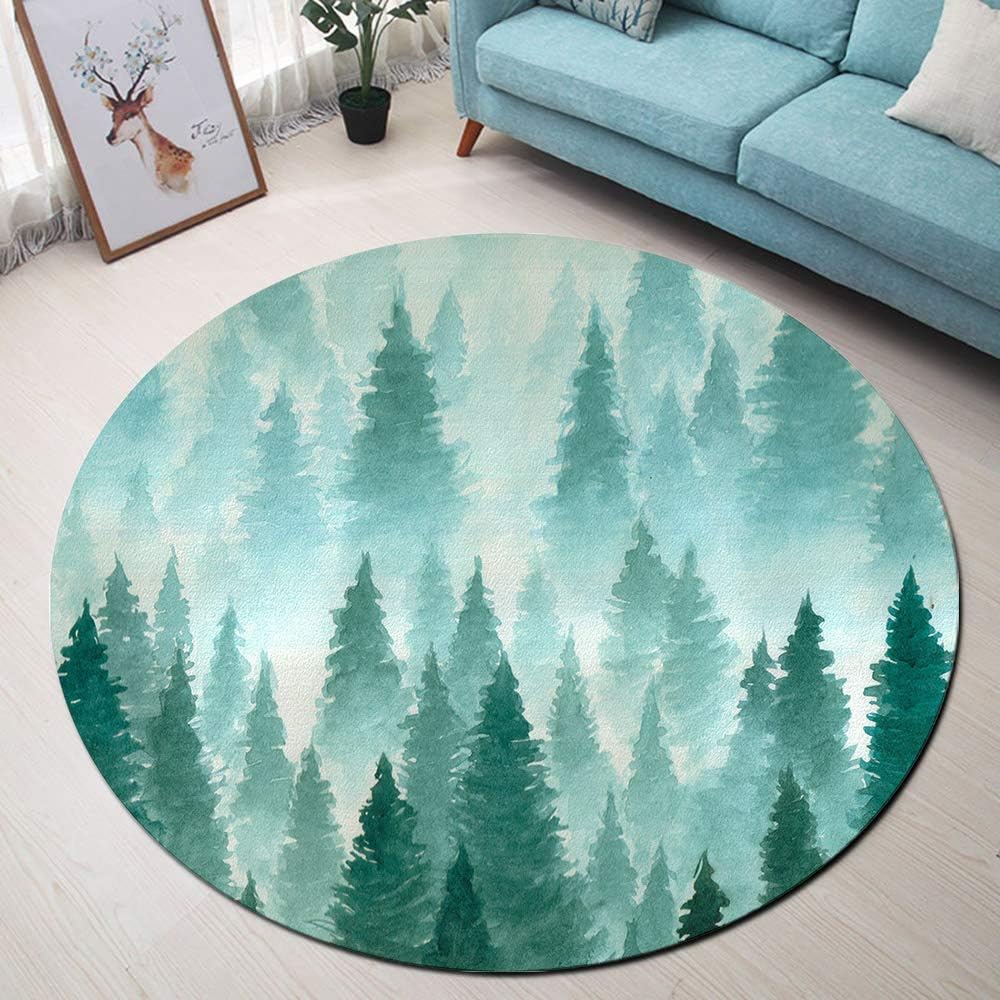 Wild Nature Theme Area Rugs, Landscape of Foggy Forest Non-Slip Round Rug, Washable Living Room Bedroom Carpet for Kids Playmat Nursery Rugs, Dia. 4'(120cm)