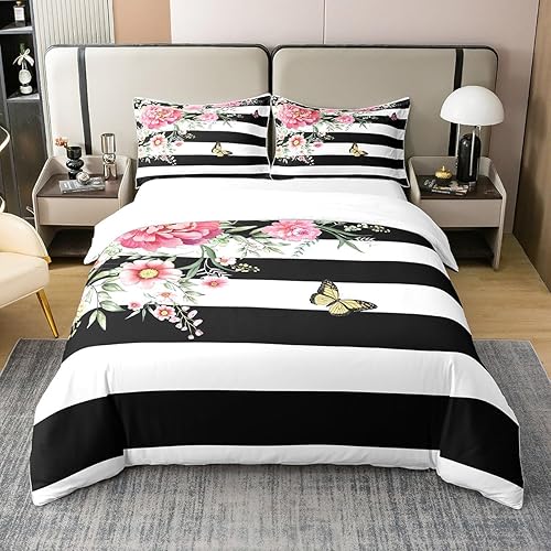 Juego de funda de edredón de 100 % algodón natural con diseño floral rosa, a rayas blancas y negras, funda de edredón rosa y negra, rosa con