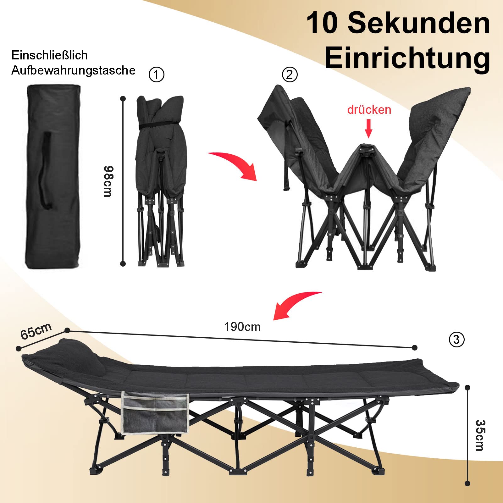 ATORPOK SHOP Campingbett feldbett klappbar, Extra Breit Faltbar Klappbett Feldbett Campingbett für Outdoor Garten Innen