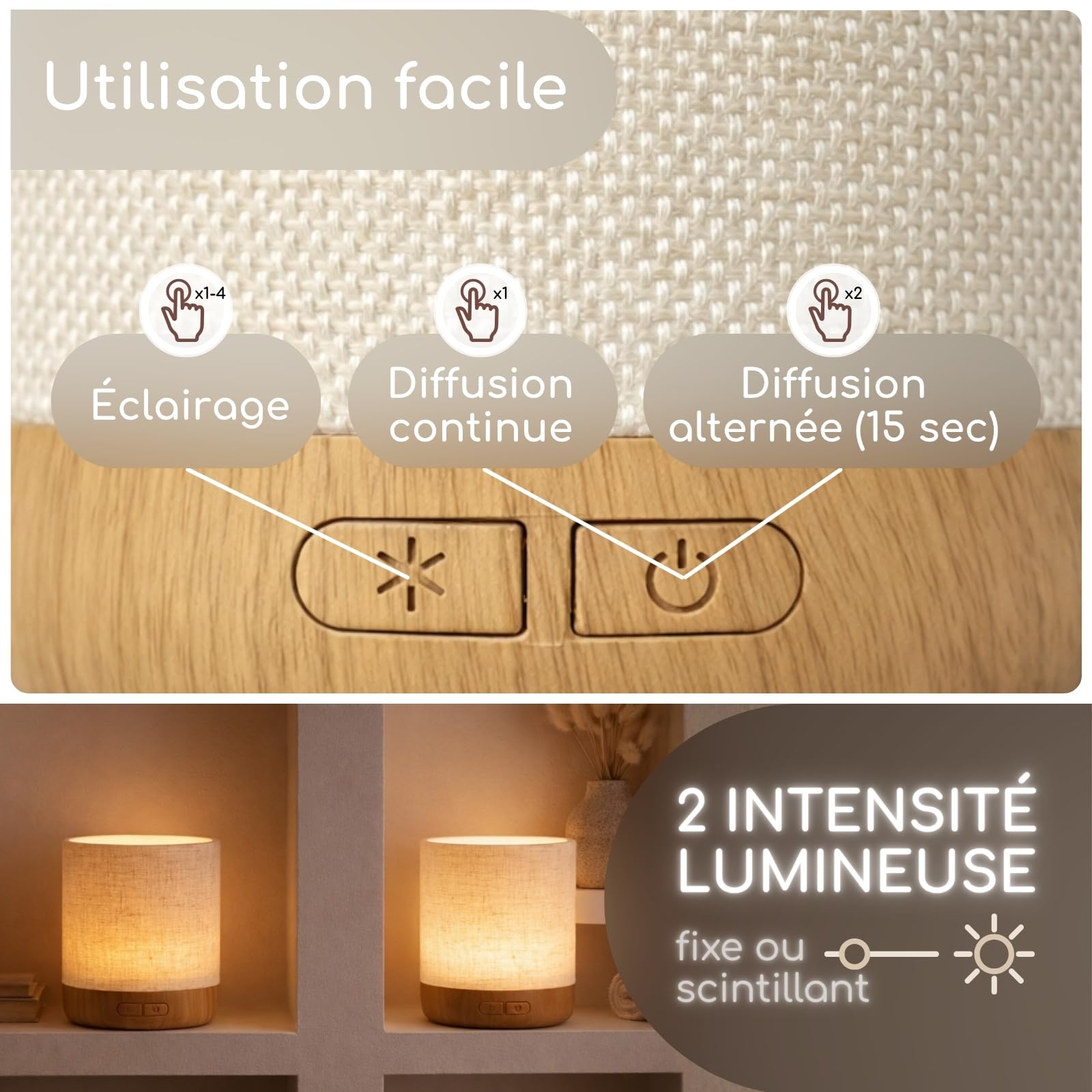 Zen’Arôme Diffuseur Ultrasonique Alesia – Diffusion Huile Essentielle à Froid Aromathérapie – Design Original, Coque en Toile de Lin et Revêtement Couleur Bois – Diffusion + Éclairage Personnalisables