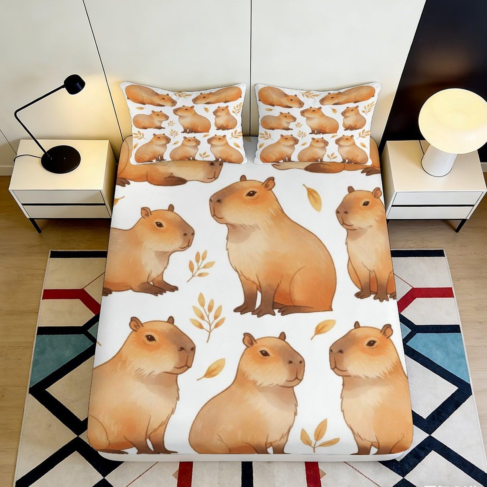 3D Printed Capybara Animal Fitted Sheet Microfiber Soft Breathable Cartoon Leaf Bed Cover for Bedroom Dorm Mattress Protection Decor 120x200x25cm