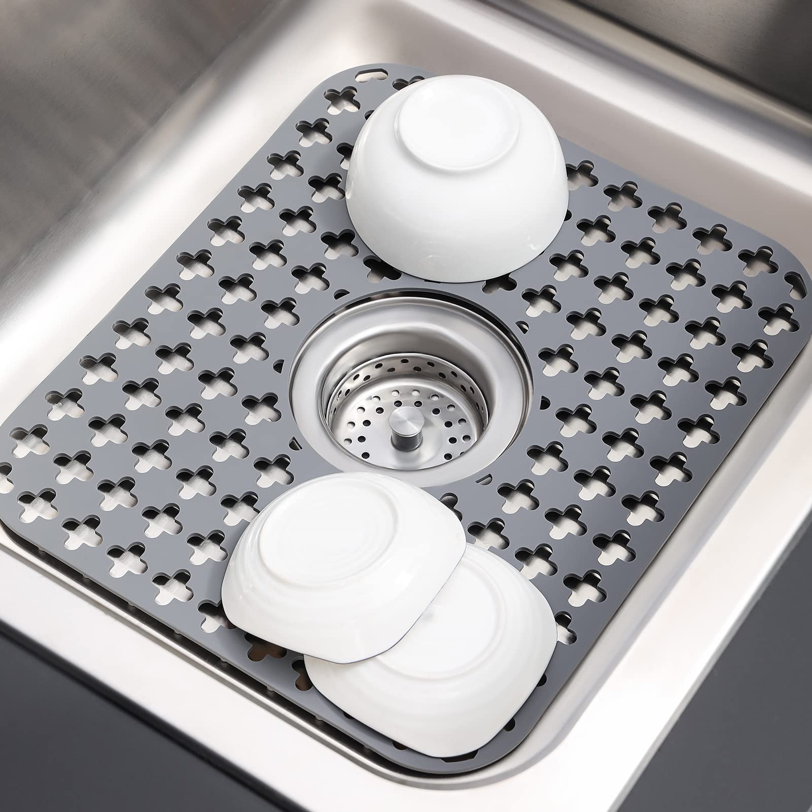 MAKINGTEC Sink Mats for Bottom of Kitchen Sink, PVC Eco-friendly Sink Protectors for Kitchen Stainless Steel Sink, Quick Draining Dish Drying Mat, Heat Resistant, Dark Grey, 1 PACK [14.17 * 11.81in]