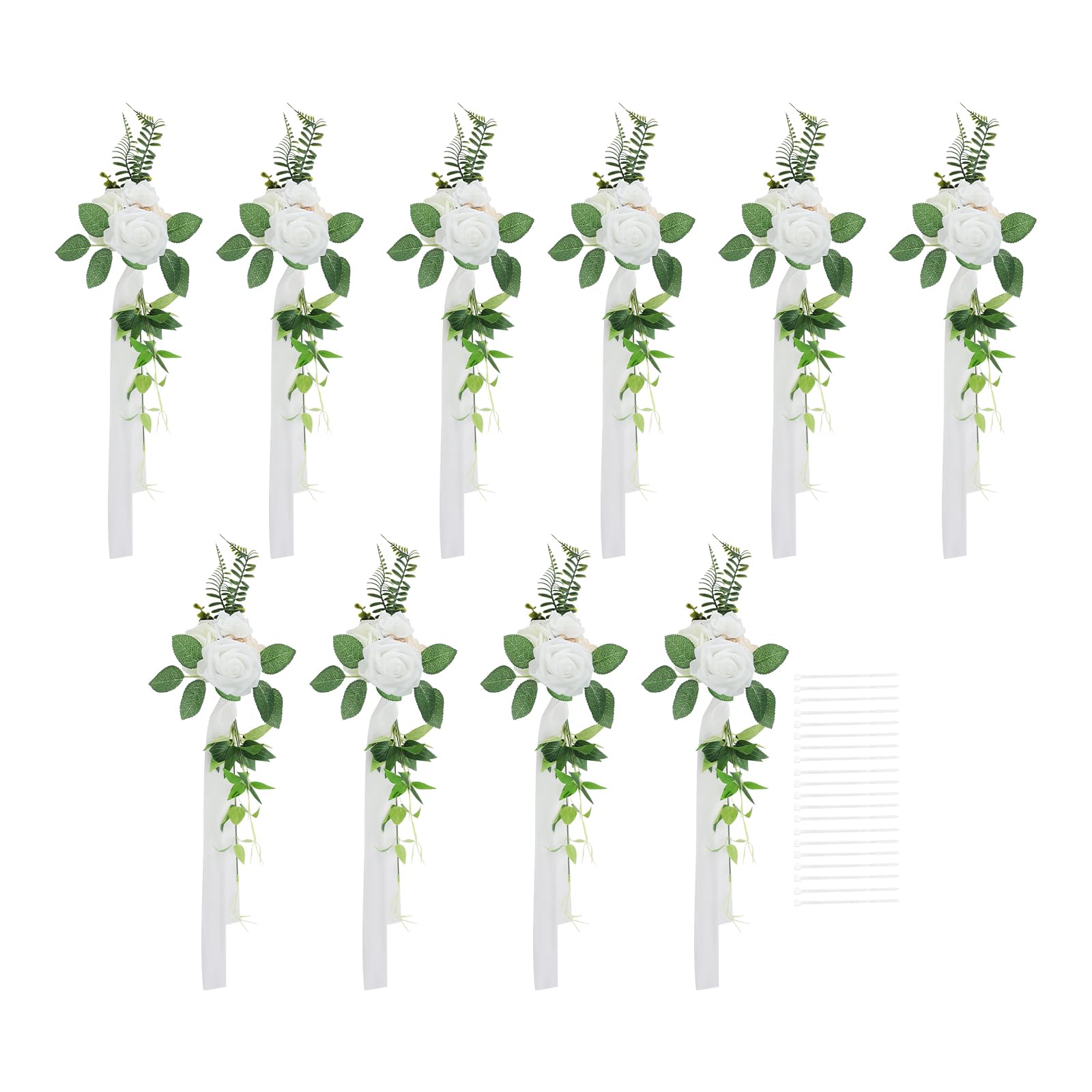 10-teiliges Set Künstliche Blumen 75 cm Länge – Hochzeitsdeko mit 10 cm Blütenköpfen aus Polyester – Stuhl Deko Hochzeit & Hochzeit Autoschmuck Deko mit Kabelbindern (Weiß)