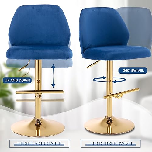 Miniatura 4 de TTK Velvet Swivel Bar Stools Set of 2 with Backs Adjustable Gold Barstools for Kitchen Island Counter Height Bar Chairs Upholstered Mid Century