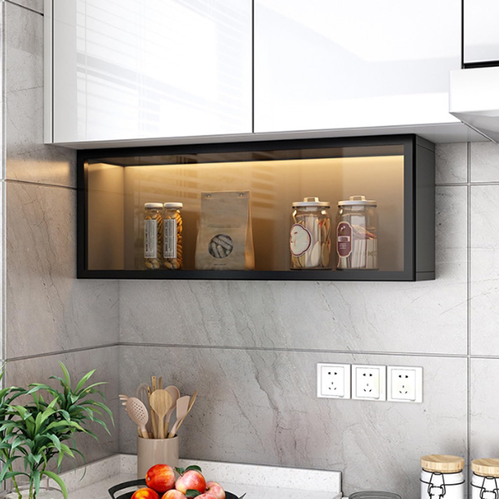 MESCXTY Wall Mounted Glass Cabinet, 3C Tempered Door Floating Sideboard with Gas Struts, Storage Organizer for Kitchen Spices & Bathroom, Solid Eco-Board(Black,70 * 25 * 30cm/27.6 * 9.8 * 11.8in)
