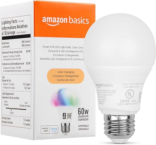 Amazon Basics – Smart A19 LED Light Bulb, 2.4 GHz Wi-Fi, 7.5W (Equivalent to 60W) 800LM, Works with Alexa Only, 1-Pack, Certified for Humans, Multicolor