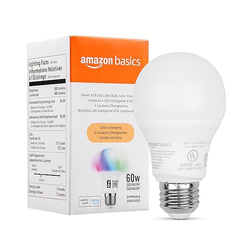Amazon Basics Smart A19 LED Light Bulb, Multicolor Changing, 7W