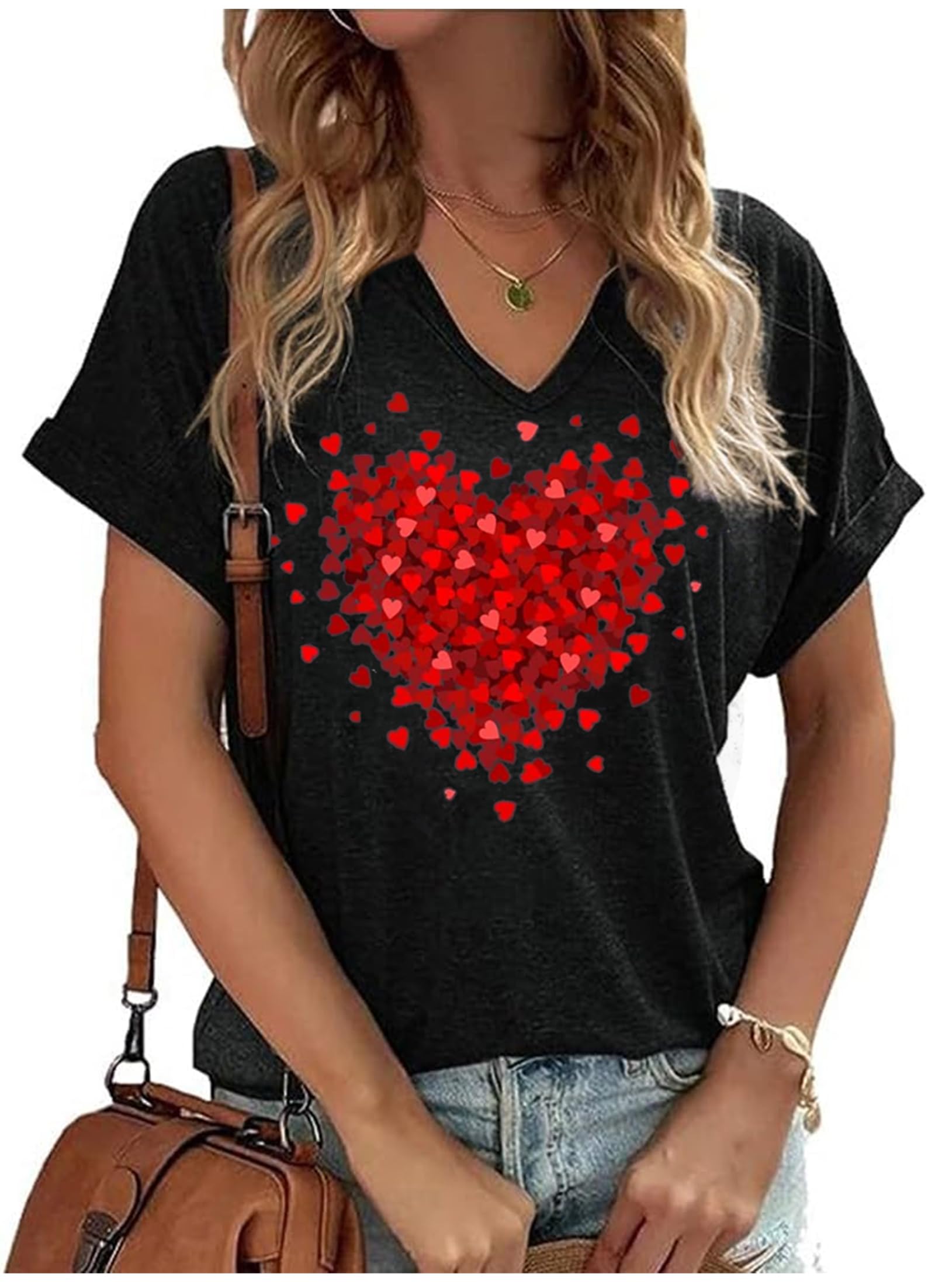 LANMERTREEValentines Day Double Heart Shirt for Women Love Heart Graphic Valentine's Day T-Shirt for Womens Girls