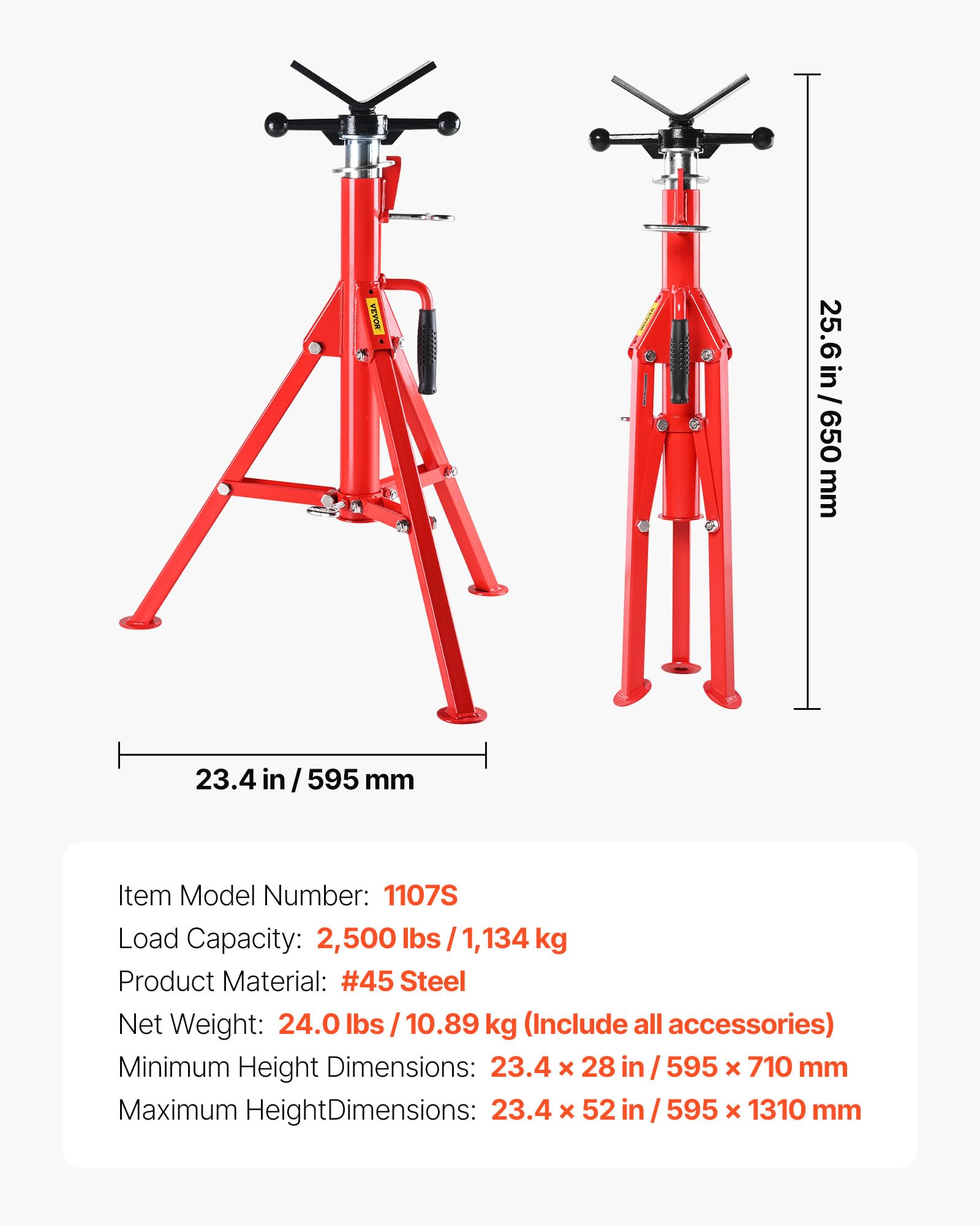 VEVOR Soporte para Tubos con Cabezal en V 1/8"-12" Altura Ajustable 28"-52" Soporte para Tubos Capacidad de Carga de 1134 kg Soportes de Tubo Plegable Portátil Carcasa de Acero al Carbono