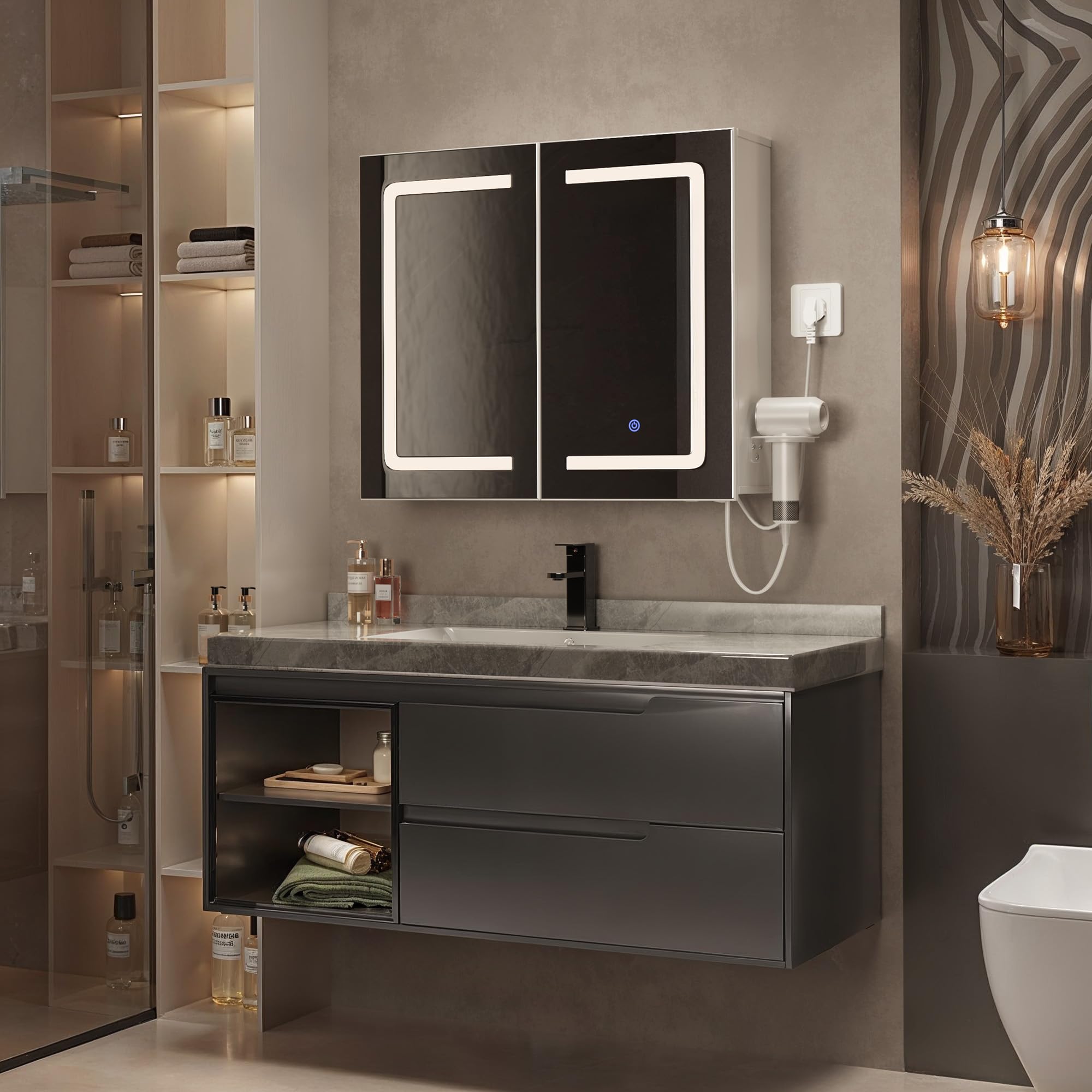 Armoire de Salle de Bains avec Miroir et Éclairage LED Dimmable, Capteur Tactile, Prise Électrique, Étagères Réglables, Double Porte en MDF de Haute Qualité, Blanc (60 x 70 cm)