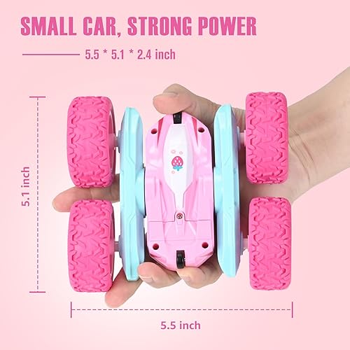 Miniatura 7 de Coche de control remoto rosa y azul, camión RC recargable, 2.4Ghz de doble cara giratoria de 360° con faros, regalo de cumpleaños para niños a