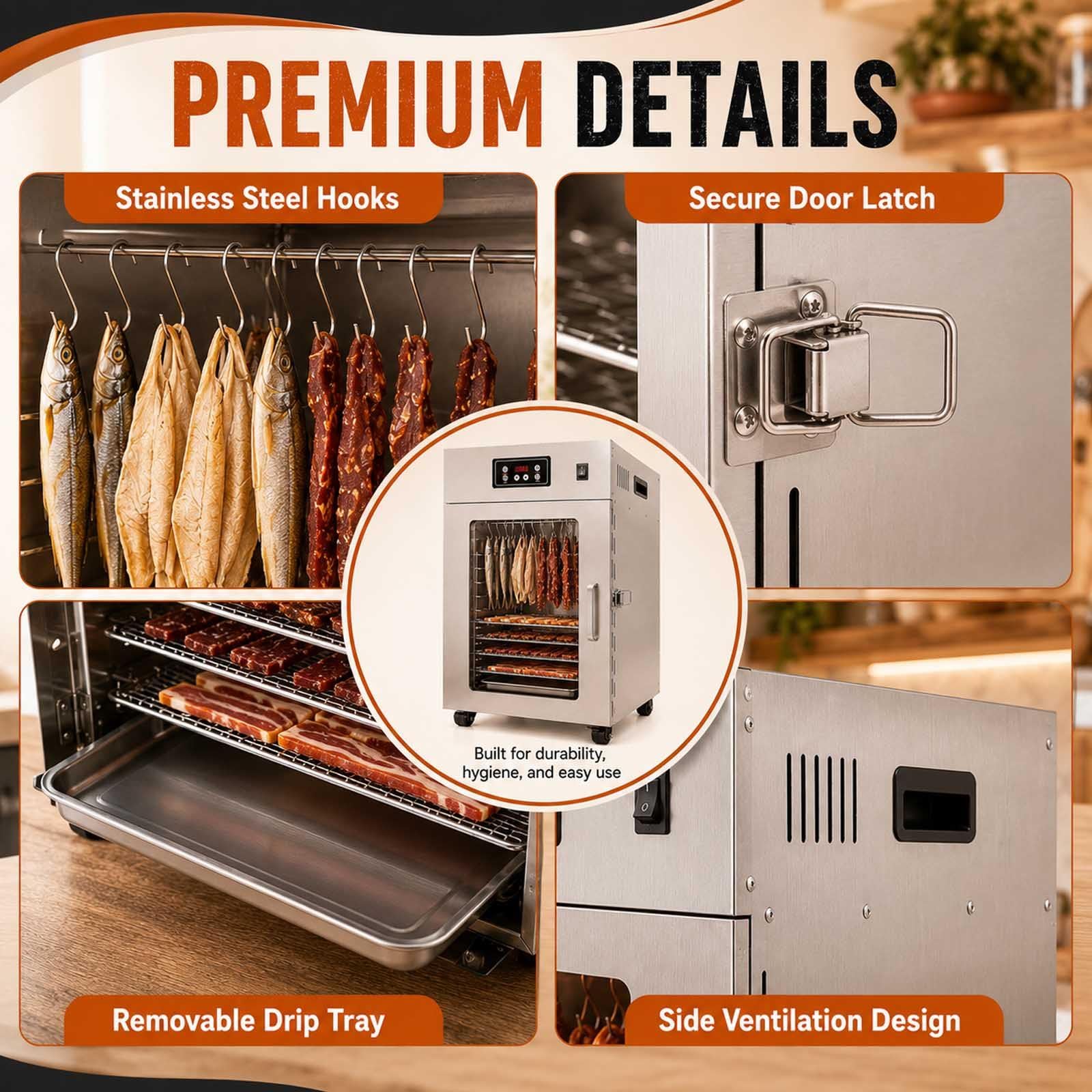 Dry Ager Für Fleisch Mit 360°-Luftstrom Und 30–90 °C Regelung Withgrid | 800 W Edelstahl-Reifeschrank Mit 30–90 °C, 24-H-Timer, 360°-Heissluft, 14 Haken Und 5–7,5 Kg Kapazität.