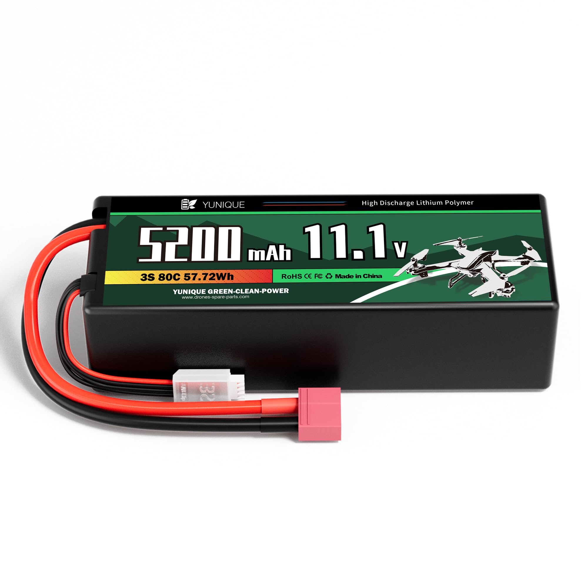 YUNIQUE GREEN-CLEAN-POWER Akumulator Lipo 3 ogniwa 11.1V 5200mAh 80C ze złączem T-Plug, kablem silikonowym i twardą skorupą - Wymiary 138 x 47 x 38 mm, waga 359 g - Wysoka moc dla modeli RC