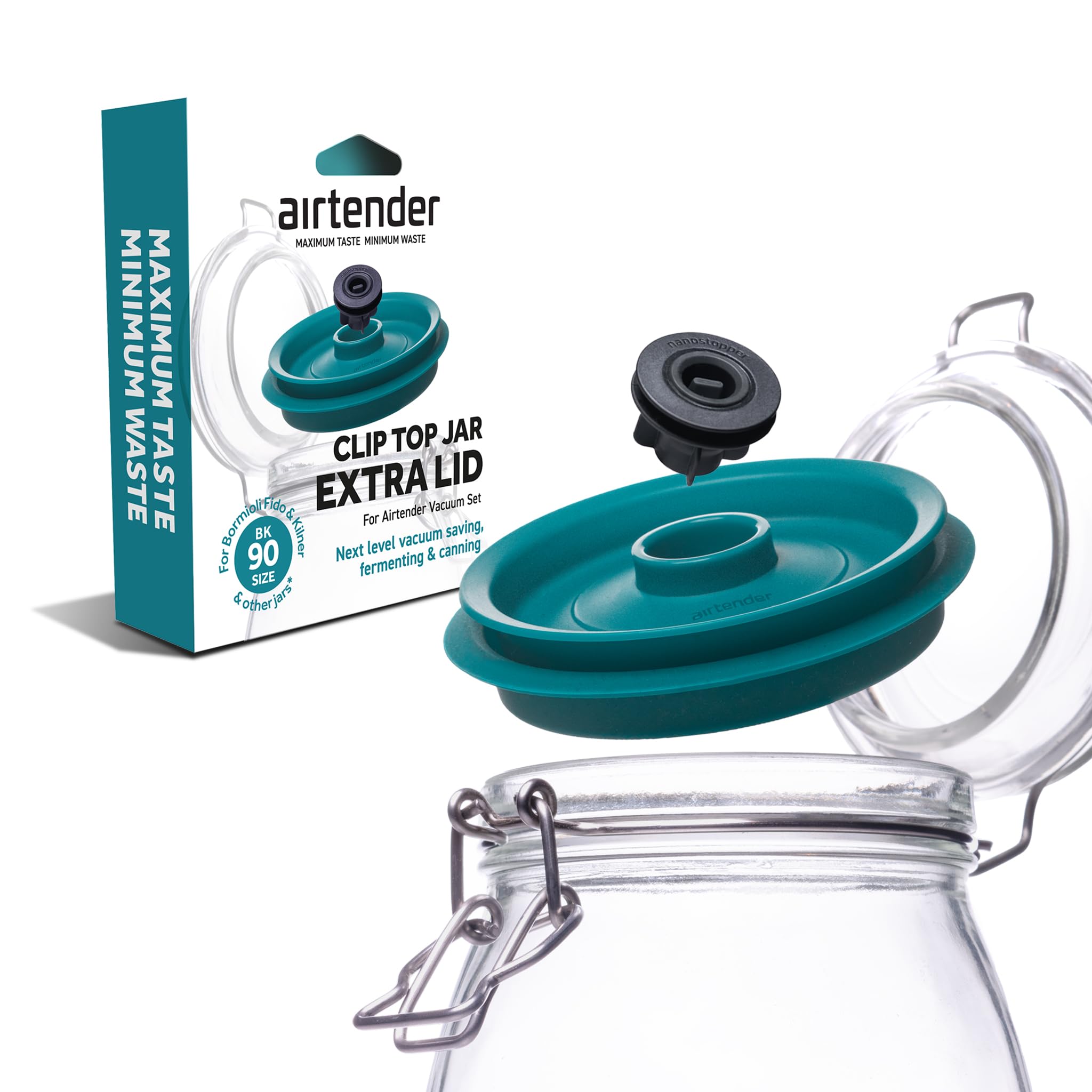 Airtender Vakuumdeckel und Nanostopper für Einmachgläser (türkis, wiederverwendbar, spülmaschinenfest, BPA-frei, kompatibel mit WECK uvm., Küchenhelfer, Haltbarkeit, Verschluss) 81447