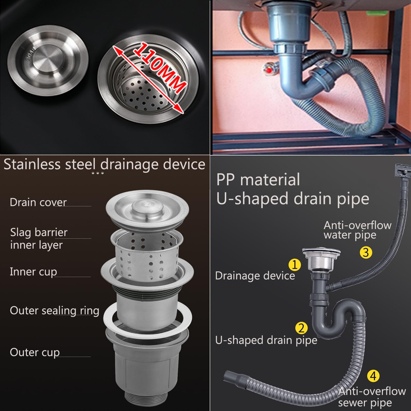 Fregadero de Acero Inoxidable 304,Fregadero Cocina Negro 1 Senos,con Agua Fria y Caliente Grifo y DesagüE,Fregadero Portatil Camping,Lavadero Pila Exterior,para Jardin Cuarto de Lavado(80*45*86cm)