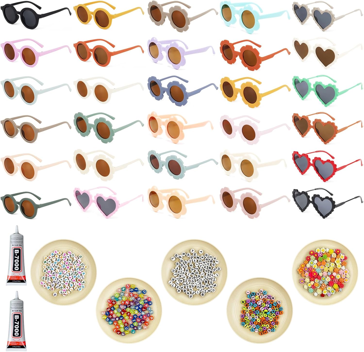 30 PCS Flower Sunglasses Set for Kids - Includes 100 Daisy Embellishments, 400 Random Letter Beads & 2*Glue - Perfect DIY Craft for Boys and Girls, Ideal for Parties and Gifts (30)