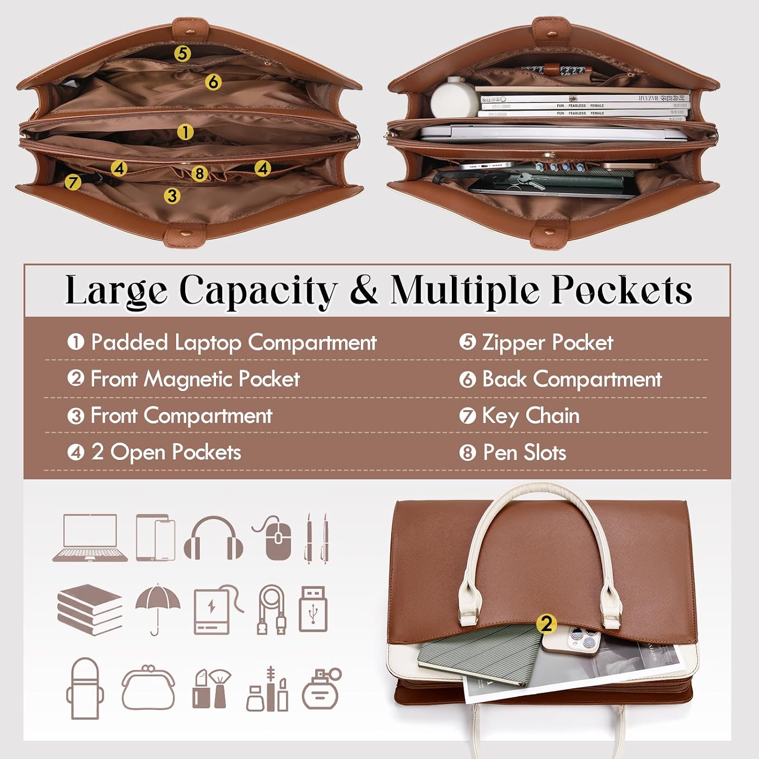 RAINSMORE Laptop Bag for Women 15.6 Inch Waterproof PU Leather Work Tote Bags Large Laptop Purse for Women Professional Womens Briefcase Computer Bags for Business Office Teacher, Brown & White