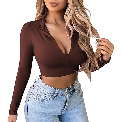 Artfish Women's Long Sleeve Quarter Zip Crop Tops Fleece Lined V Neck Fitted Sexy Cropped Shirts