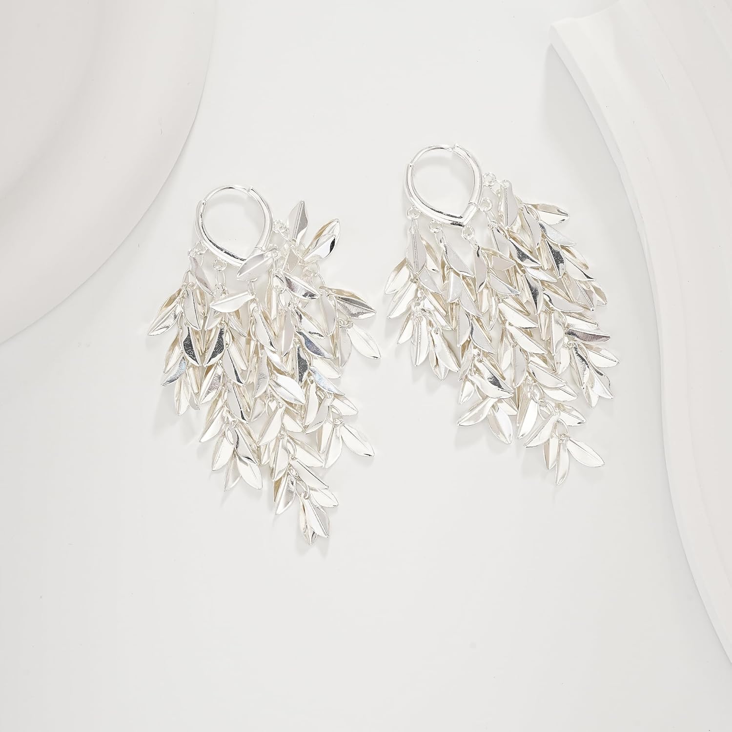 14K 18K Gold Plated Chandelier Earrings for Women, Long Tassel Earring Huggie, Silver Leaf Dangle Drop Earrings, Dainty Bohemian Jewelry Gifts for Wedding Everyday Wear - Image 4