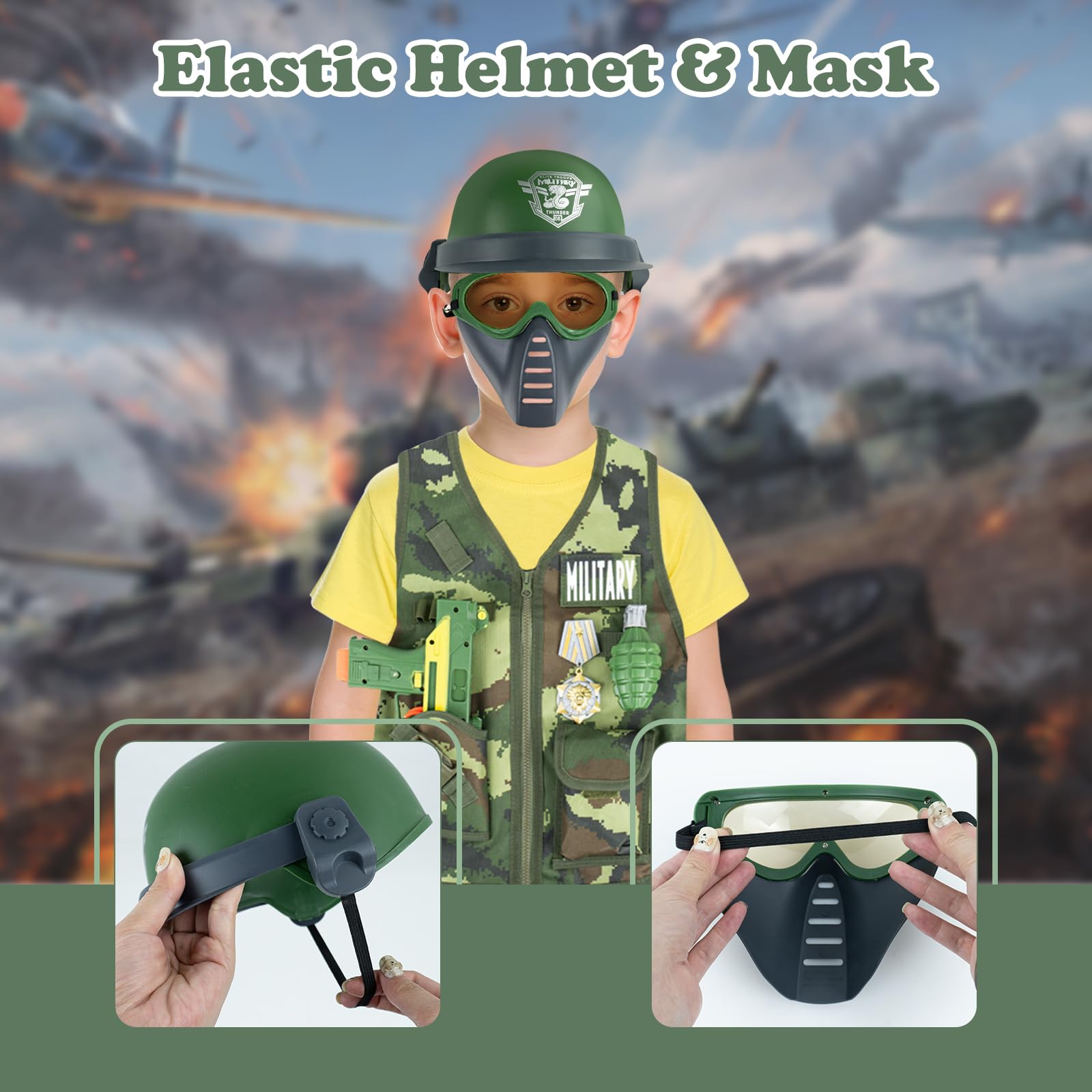 Camo Hut Kostüm 4-teiliges Armee-Kostüm Set - Mit Tarnhut, Kugelgürtel, Fliegerbrille & Erkennungsmarken - Halloween Army Jäger Hut