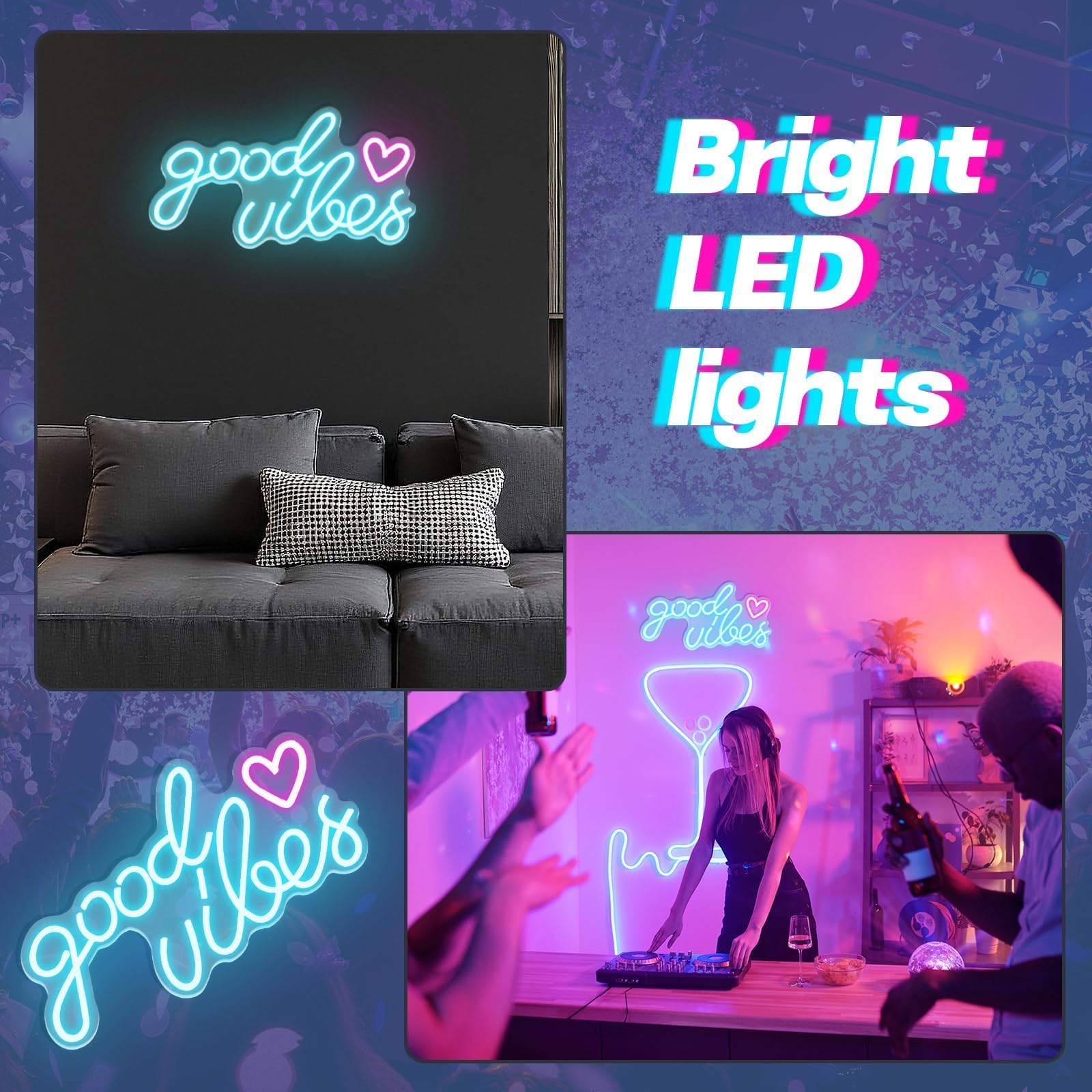 Good Vibes Neon Light Sign,Insegna Al Neon Led Personalizzata, Neon Signs for Wall Decor,alimentato Tramite USB,con Interruttore Regolabile,design A Doppia Catena,Bar,Matrimoni,Feste,Compleanni