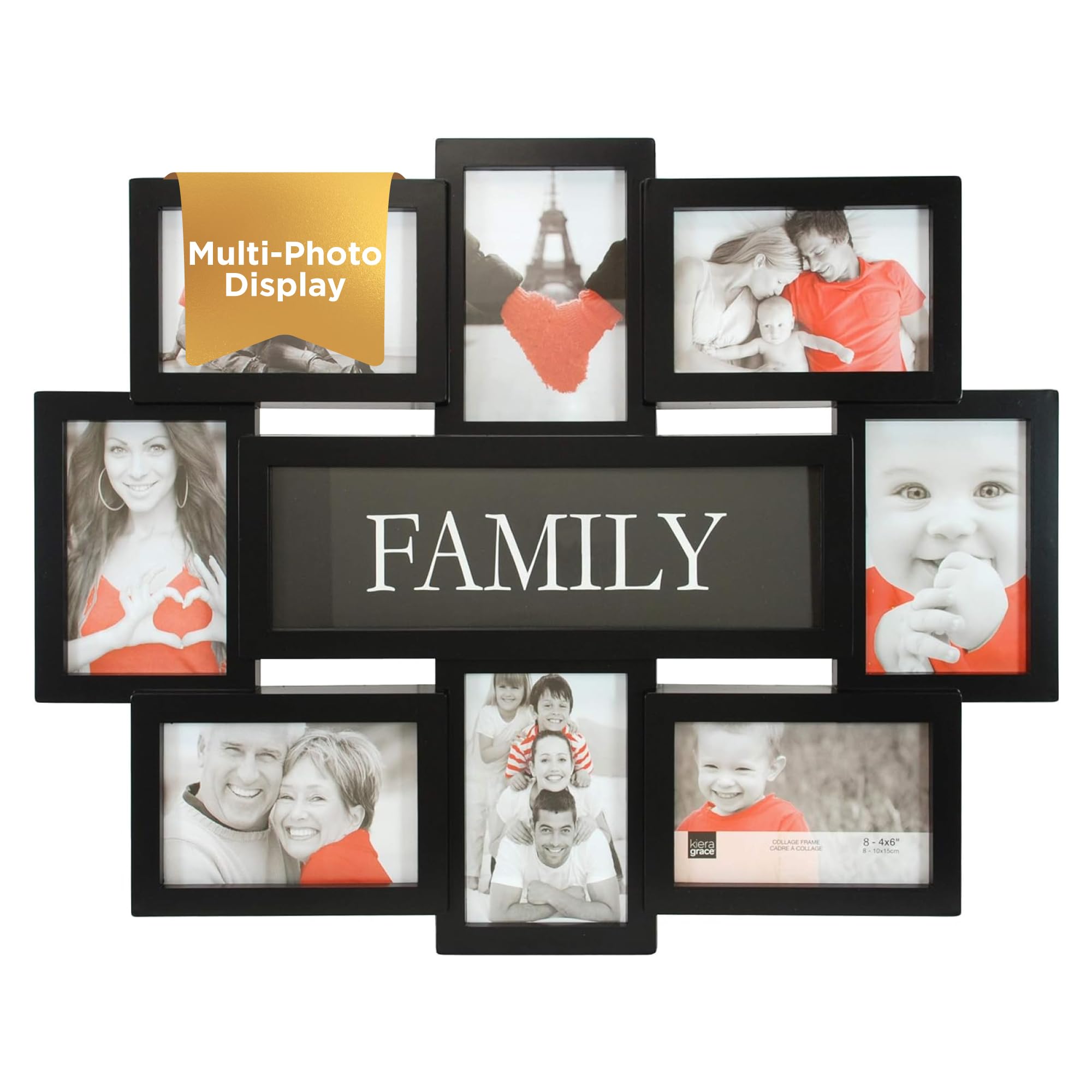 Kiera Grace Family Collage Frame, Picture Frame with 8 Frames, Holds Eight 4" x 6" Photos, Wall Mount Photo Frame, Durable Frame for Photo Display, 17.5" x 22", Black