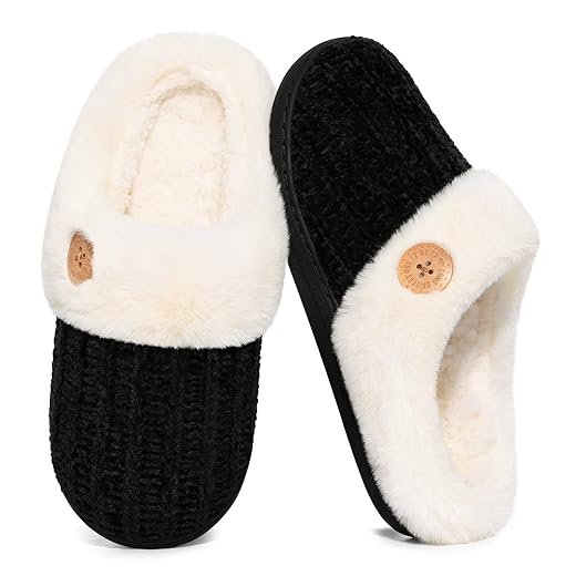 Evshine Warm Knit House Slippers for Women Comfy Wool-Like Lined Chenille Slippers with Memory Foam and Indoor Outdoor Soles