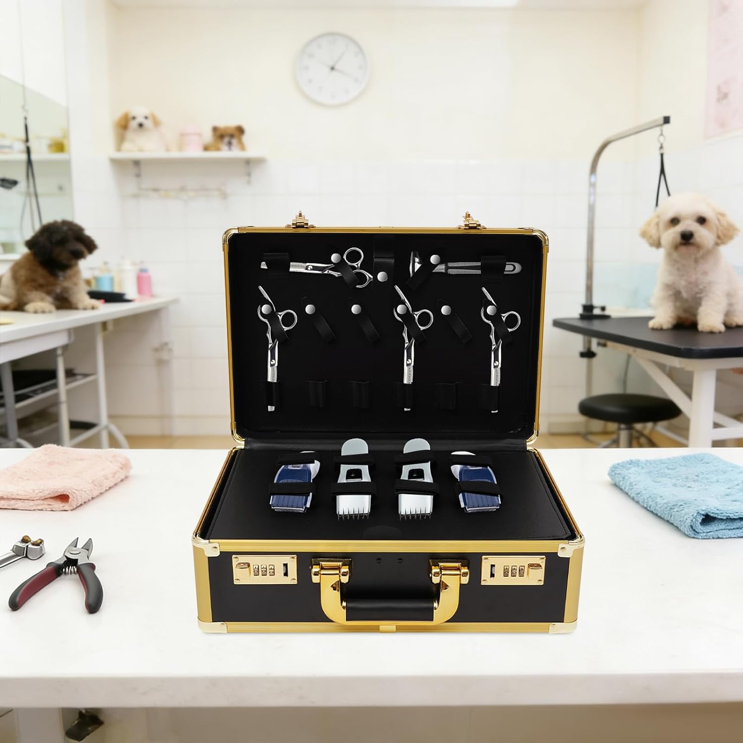 Professional Barber Case, Barber Tool Kits Storage, Double Layer Travel Barber Tool Box, Luxury Carrying Case for Beauty Hair Stylist Pet Groomer with Handle & Secure Numlock (Style 3)