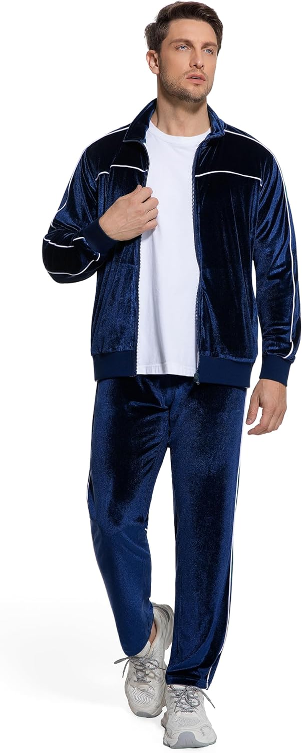 Mens Velour Tracksuit 2 Piece Set Jogging Suit Full Zip Sweatsuit Outfit with Track Suit Jacket and Pants