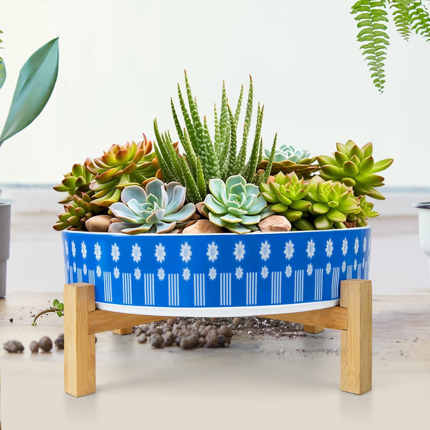 ARTKETTY Succulent Pots - 11 Inch Large Plant Pots Ceramic Bonsai Pots with Drainage Stand, Shallow Succulent Planters for Indoor Plants Decorative Flower Cactus Planter Bowl