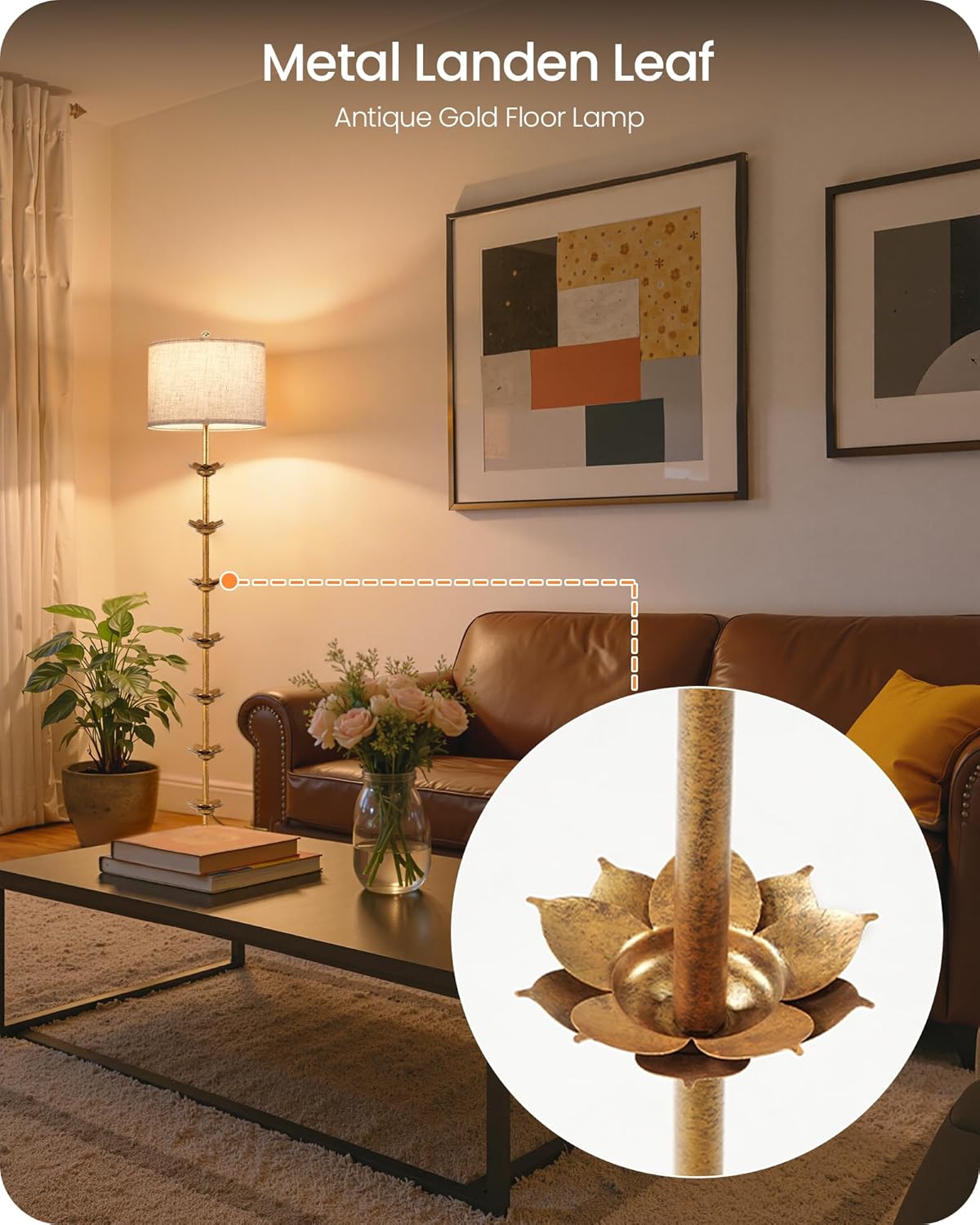 63.8” Floor Lamp with Landen Leaf, Antique Gold Standing Lamp with Foot Switch, Metal, Beige Linen Drum-Shaped Shade, Bulb Not Included, for Bedroom, Living Room D20LD05