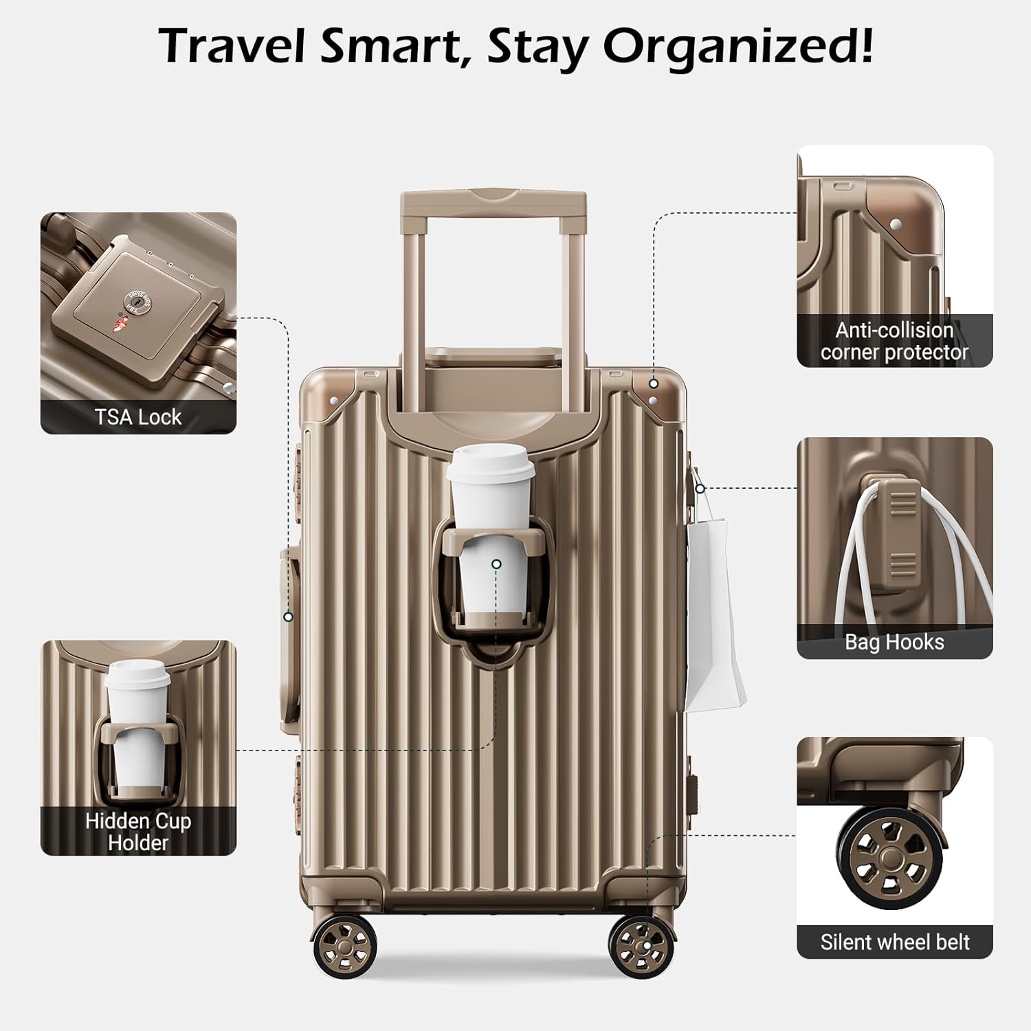 Carry on Luggage Aluminium Frame with Cup Holder, 20 Inch Zipperless Luggage with Spinner Wheels,Carry On Luggage 22x14x9 Airline Approved for Business Travel (Rose gold, 20inch)