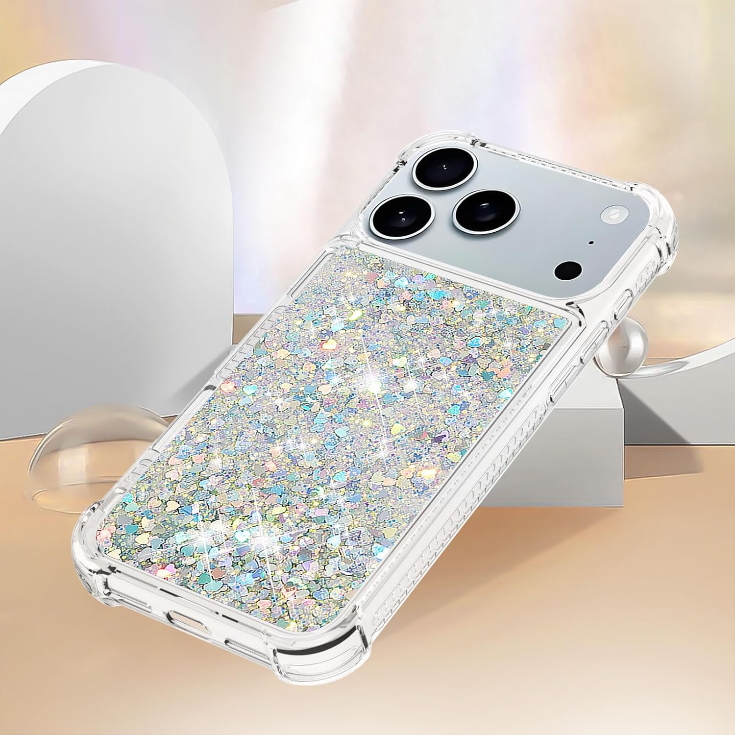 Glitter Case for iPhone 17 Pro Max Clear Flowing Liquid Quicksand Sparkly Bling Soft TPU Bumper Shockproof Protective Phone Cover for Apple iPhone 17 Pro Max 6.9 inch. YBL Love Silver - Image 4